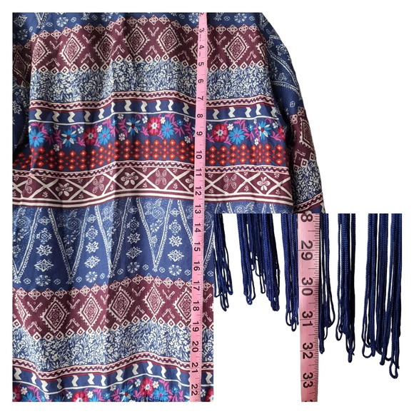 Hollister XS VTG Multi-Color‎ Print Kimono Cover-Up Blue Fringe Hem - Picture 10 of 14